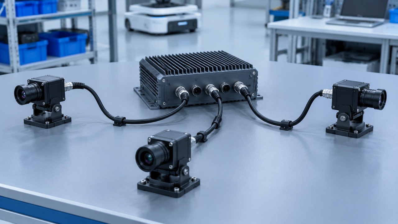 Illustration of three industrial cameras connected by cables to a compact fanless computer on a workbench.